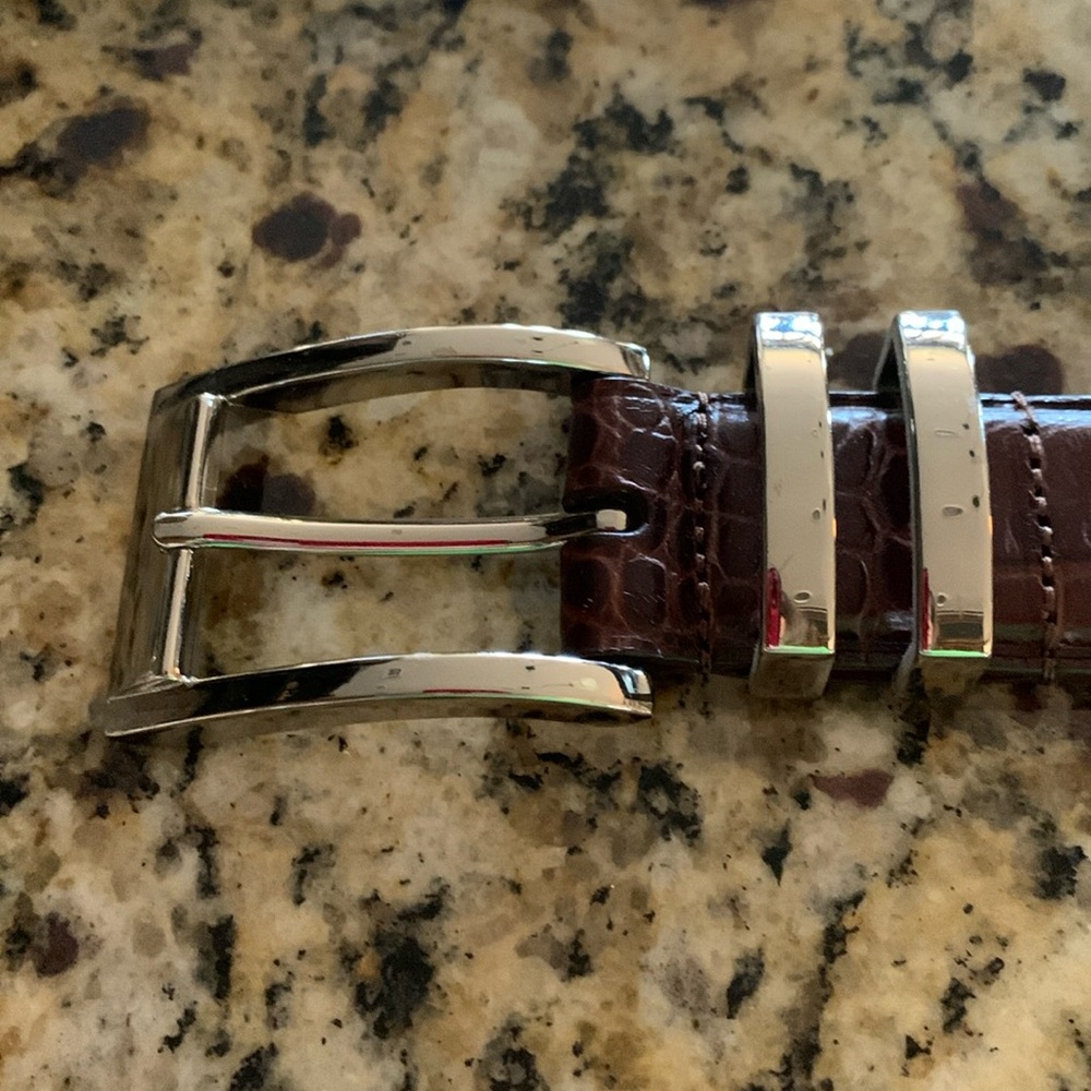 Cremieux Brown Croc-Embossed Leather Belt with Shiny Silver Buckle